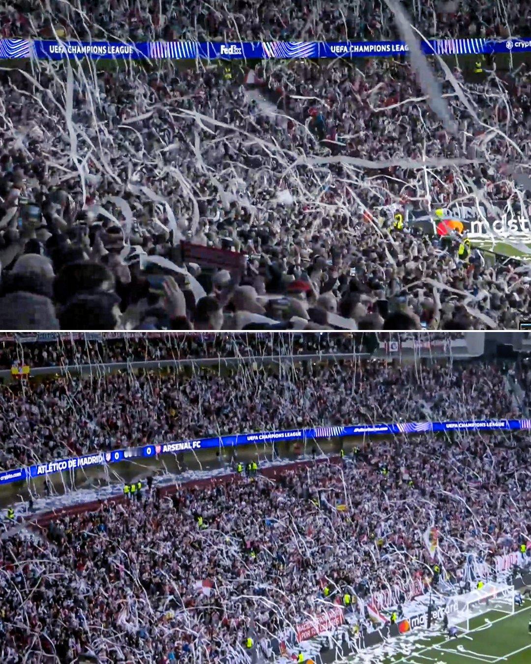 马德里竞技的球迷们在球队出场时向球场扔下卫生纸 😲 