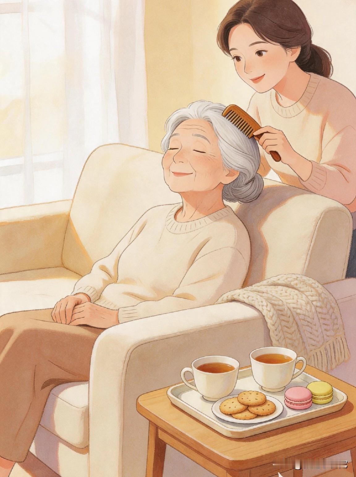 奶奶在沙发上享受梳头发的时光。奶奶生活品质 老太太的头发 奶奶家自拍 奶奶的藤椅