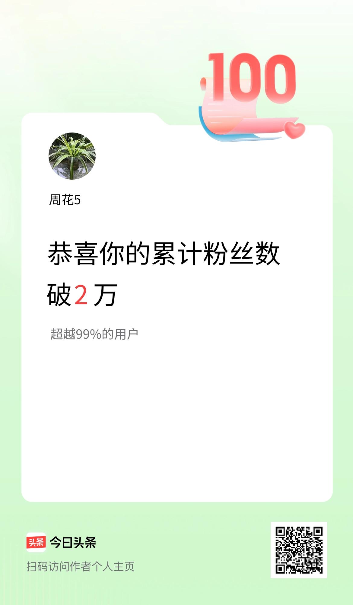我在头条累计粉丝数破2万啦！
