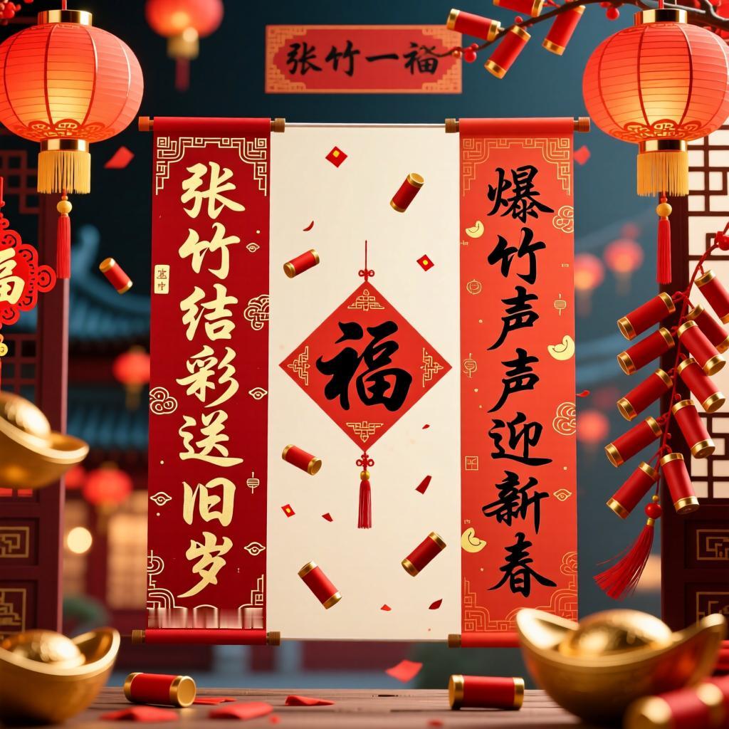 妙对天成：爆竹声中迎新春
上联： 张灯结彩送旧岁
下联： 爆竹声声迎新春

【联