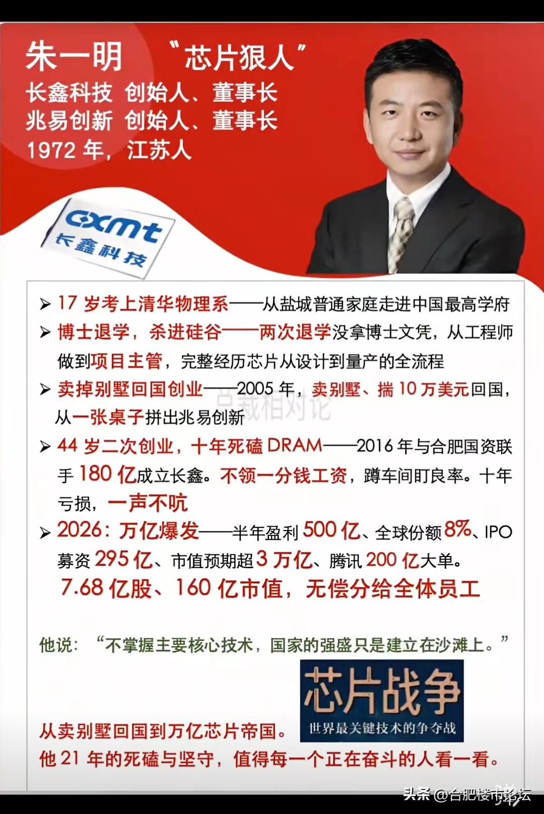 长鑫科技创始人，的确是大格局。
卖别墅回国创业，10年亏损一声不吭，如今缔造万亿