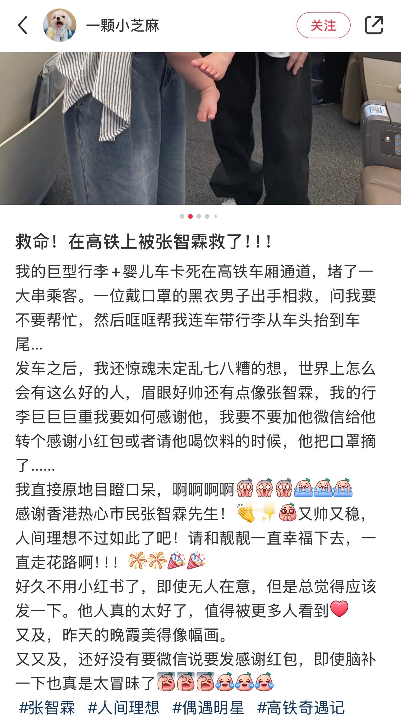 热心市民张智霖 网友发帖：在高铁上被张智霖救了！我的巨型行李和婴儿车卡死在高铁车