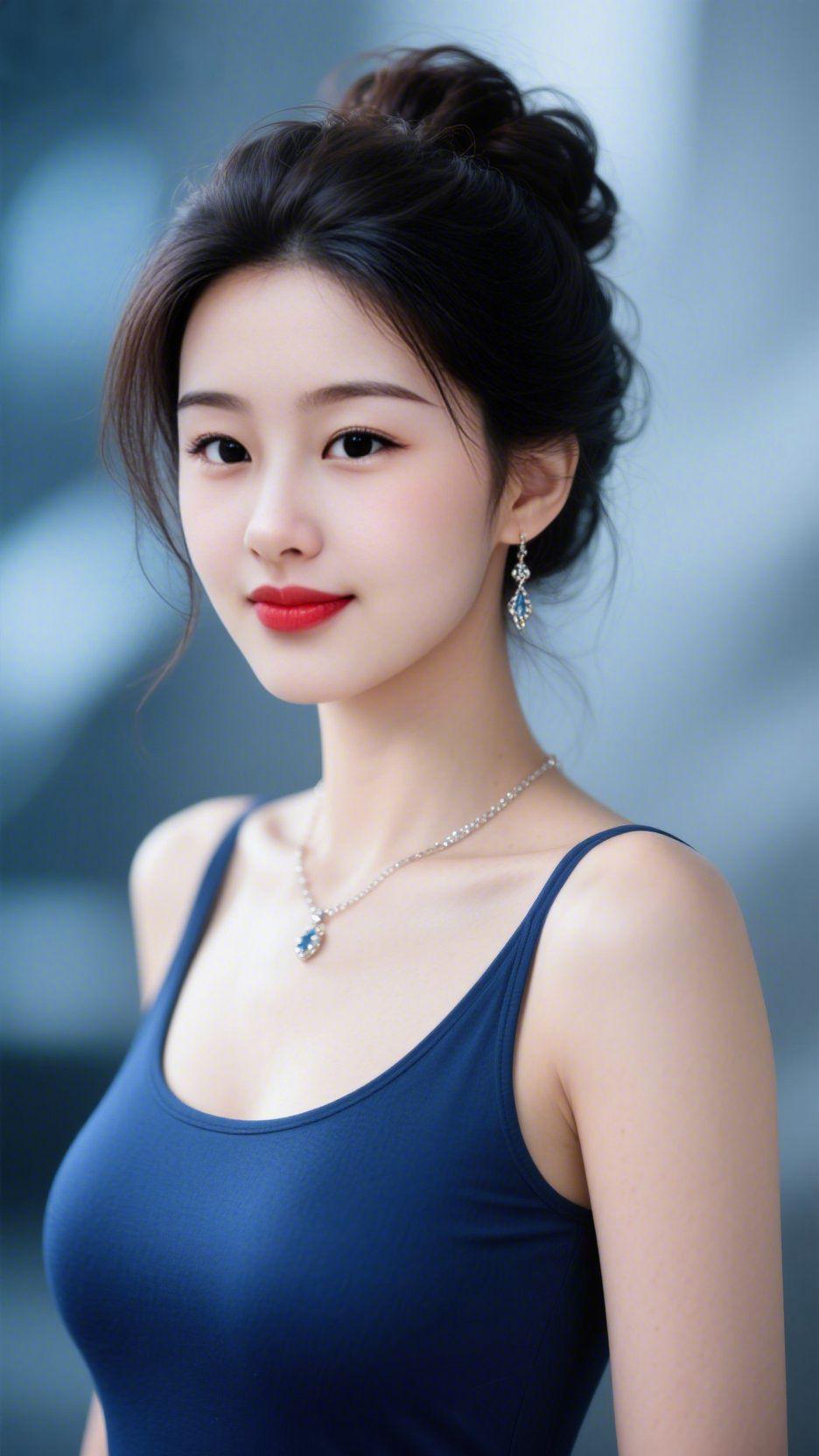 《蓝衫栖于柔光间》
 
浅灰背景裹着柔雾时，她立于光中，似将深海的静蓝融作衣袂。