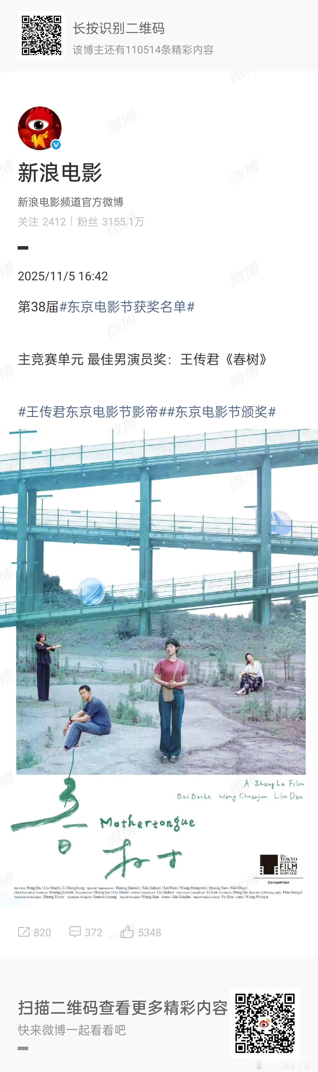 王传君东京电影节影帝哇哦王传君拿影帝是真的。接下来热闹了 ​​​