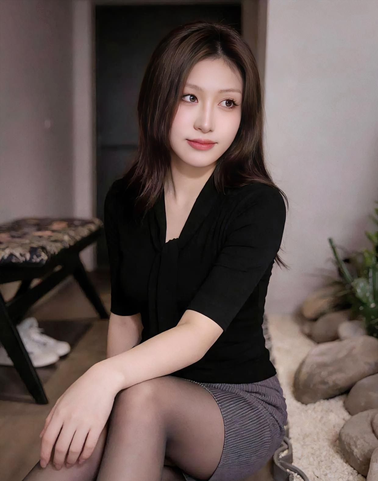 《<暗调温柔漫时光>》

黑色V领，轻挽知性的静美，

灰调短裙，叠映丝袜的柔光
