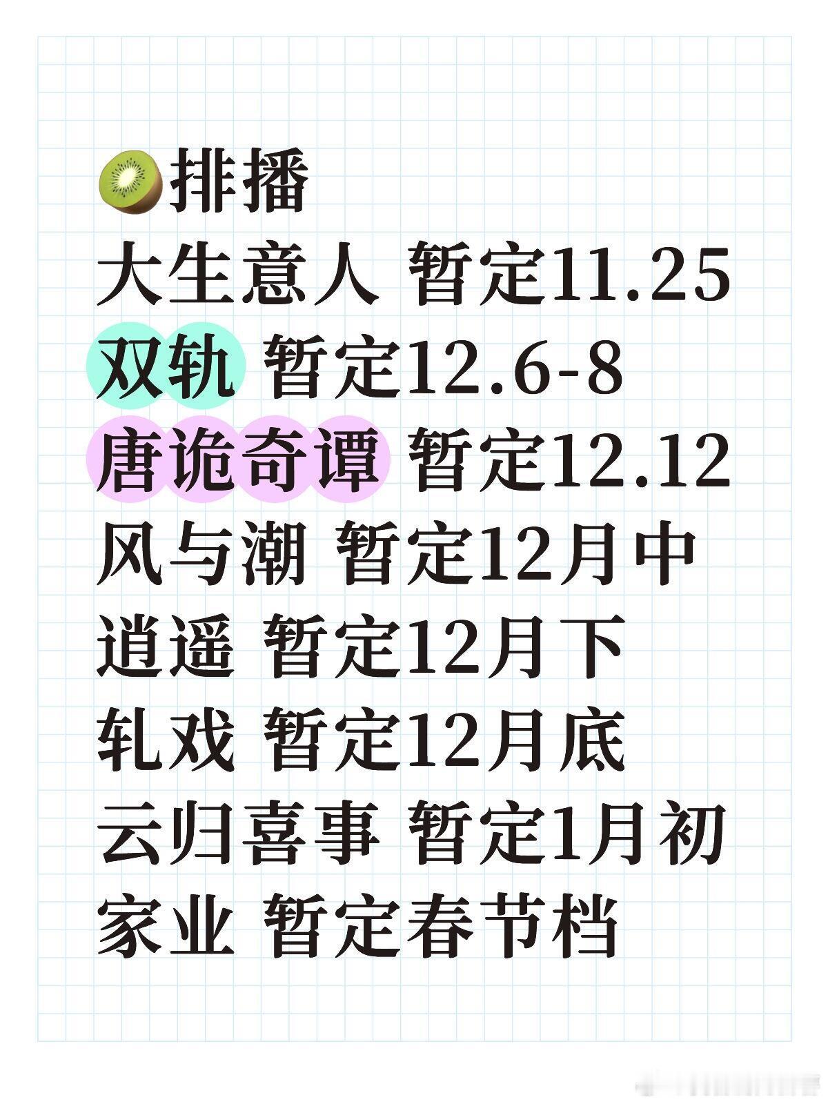 🥝排播🥝排播大生意人 暂定11.25双轨 暂定12.6-8唐诡奇谭 暂定12