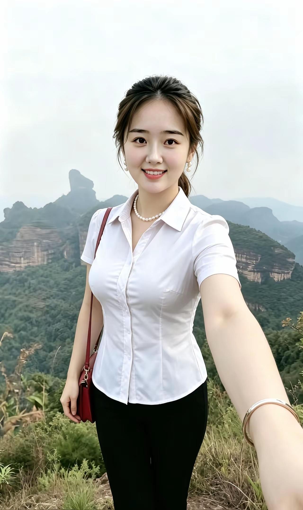风景美如画，她在山间微笑自拍。