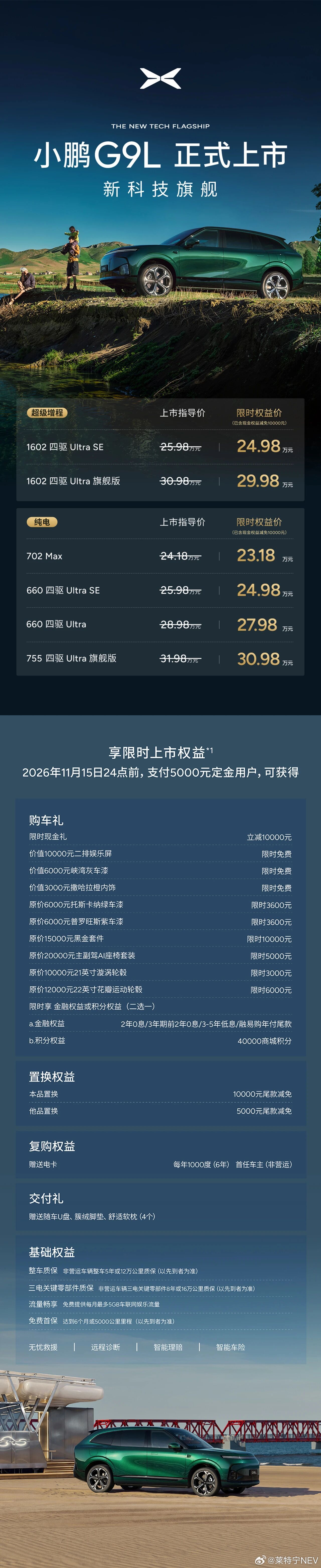 小鹏G9L价格炸裂 小鹏G9L正式上市，一共6个版本，限时权益价23.18万-3