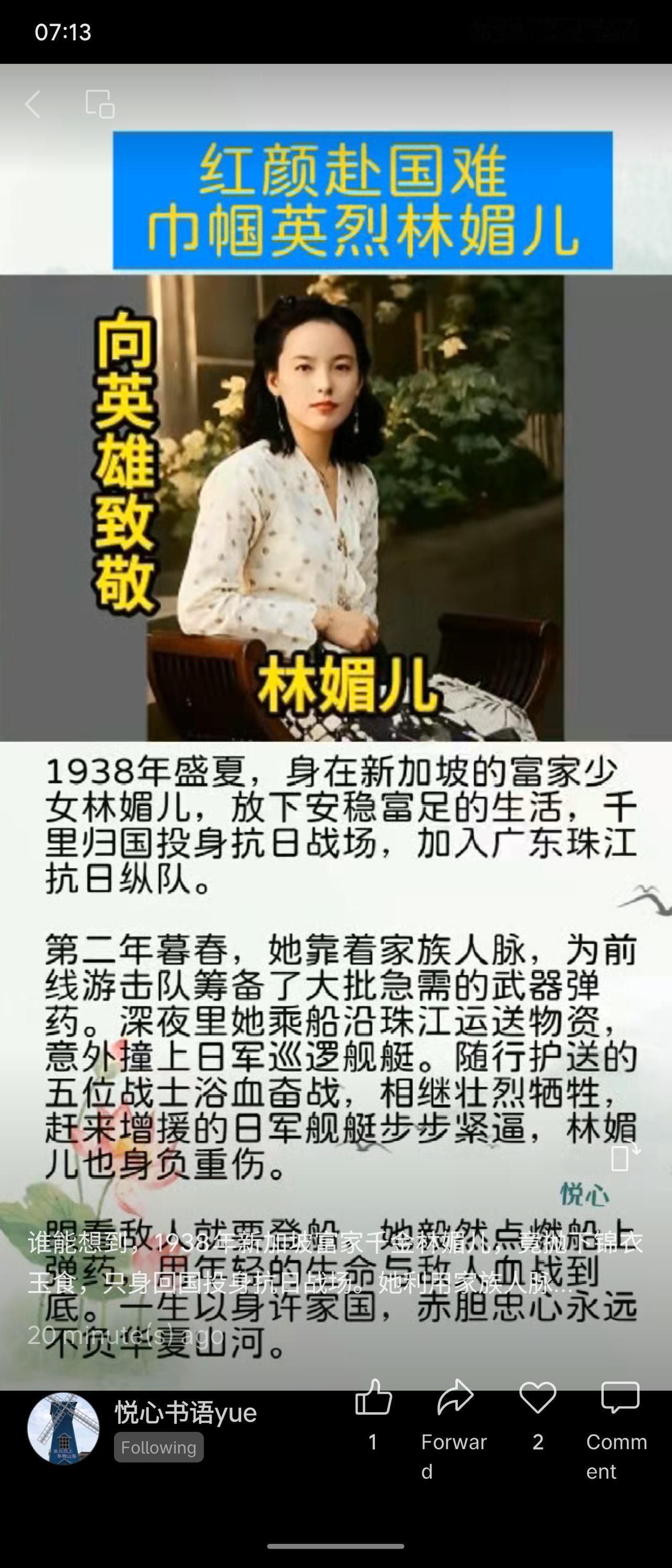 富家少女林媚儿1938年从新加坡回国抗日，加入广东珠江抗日纵队。次年暮春，她为游