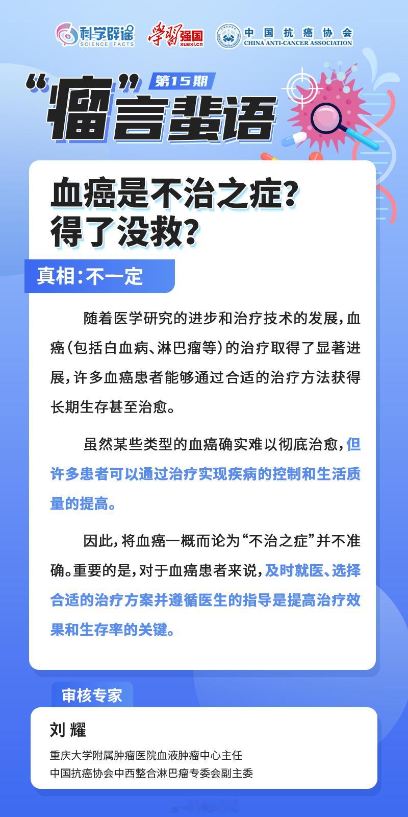  【#血癌是不治之症吗# ？】不一定。随着医学研究的进步和治疗技术的发展，血癌(