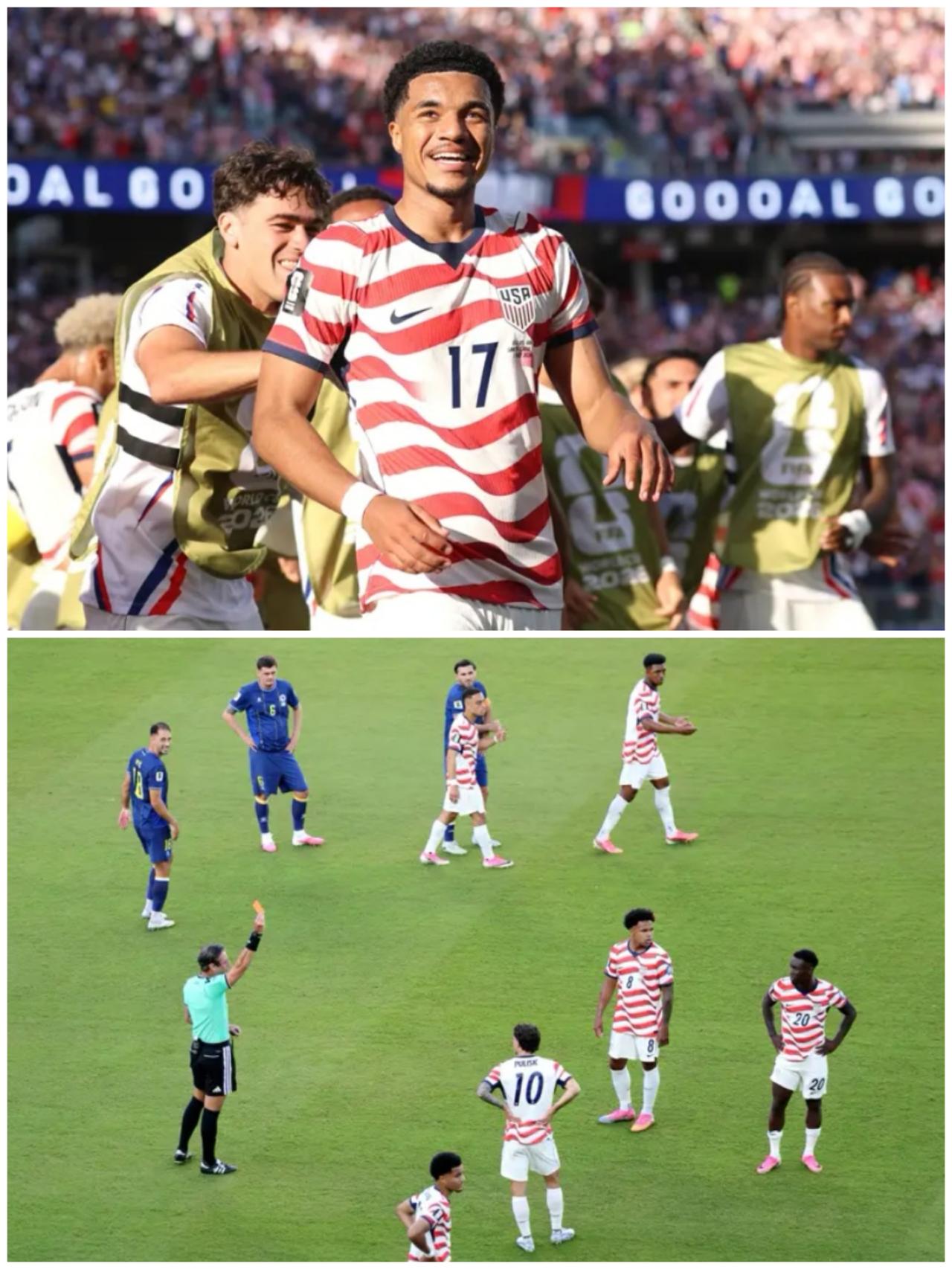 十人美国2-0完胜波黑晋级世界杯十六强，巴洛贡首开纪录+直红离场，蒂尔曼任意球破