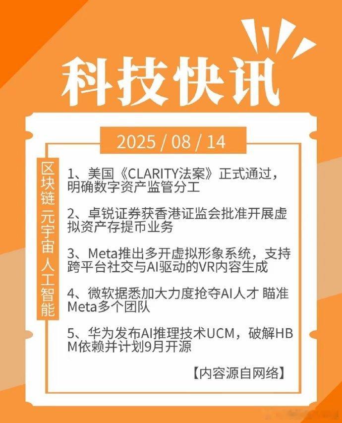科技快讯 | 08月14日 星期四1、美国《CLARITY法案》正式通过，明确数