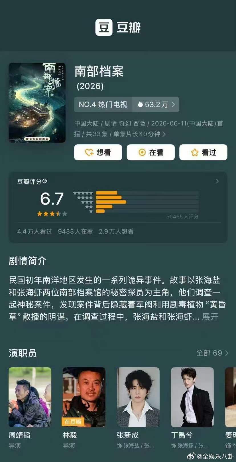 南部档案分低了南部档案低了 丁禹兮张新成《南部档案》豆瓣开分6.7分，低了啊！南