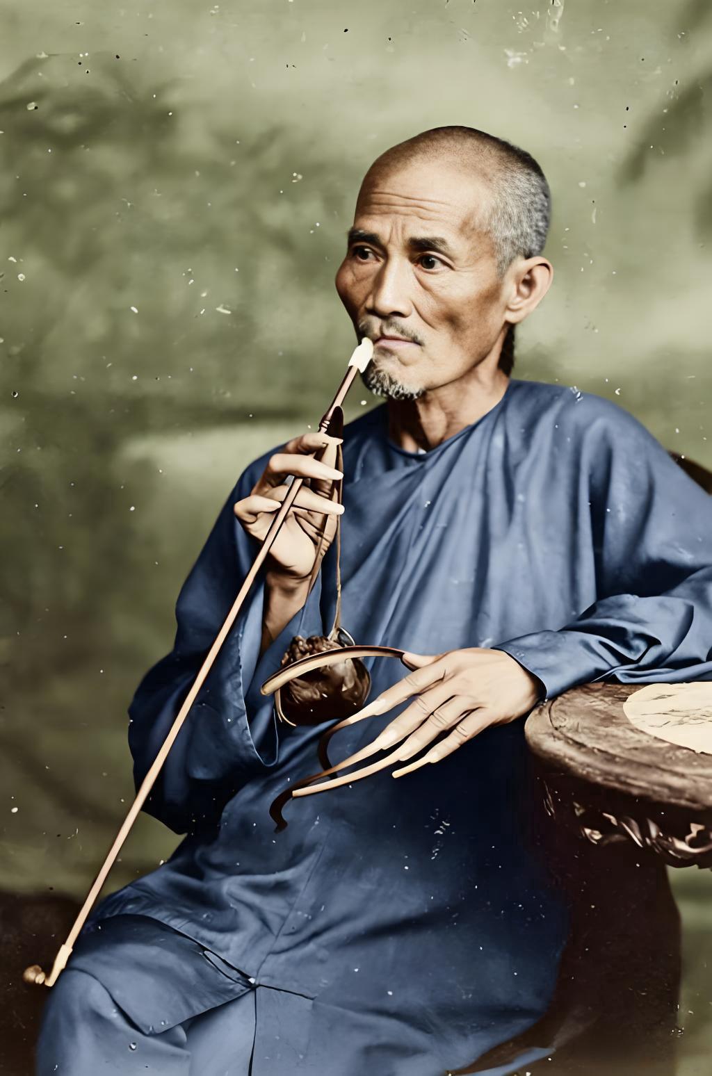 晚清至民国初年，一老者虽身患兔唇，却难掩矍铄的精神气，须发已染遍花白，身形清瘦却