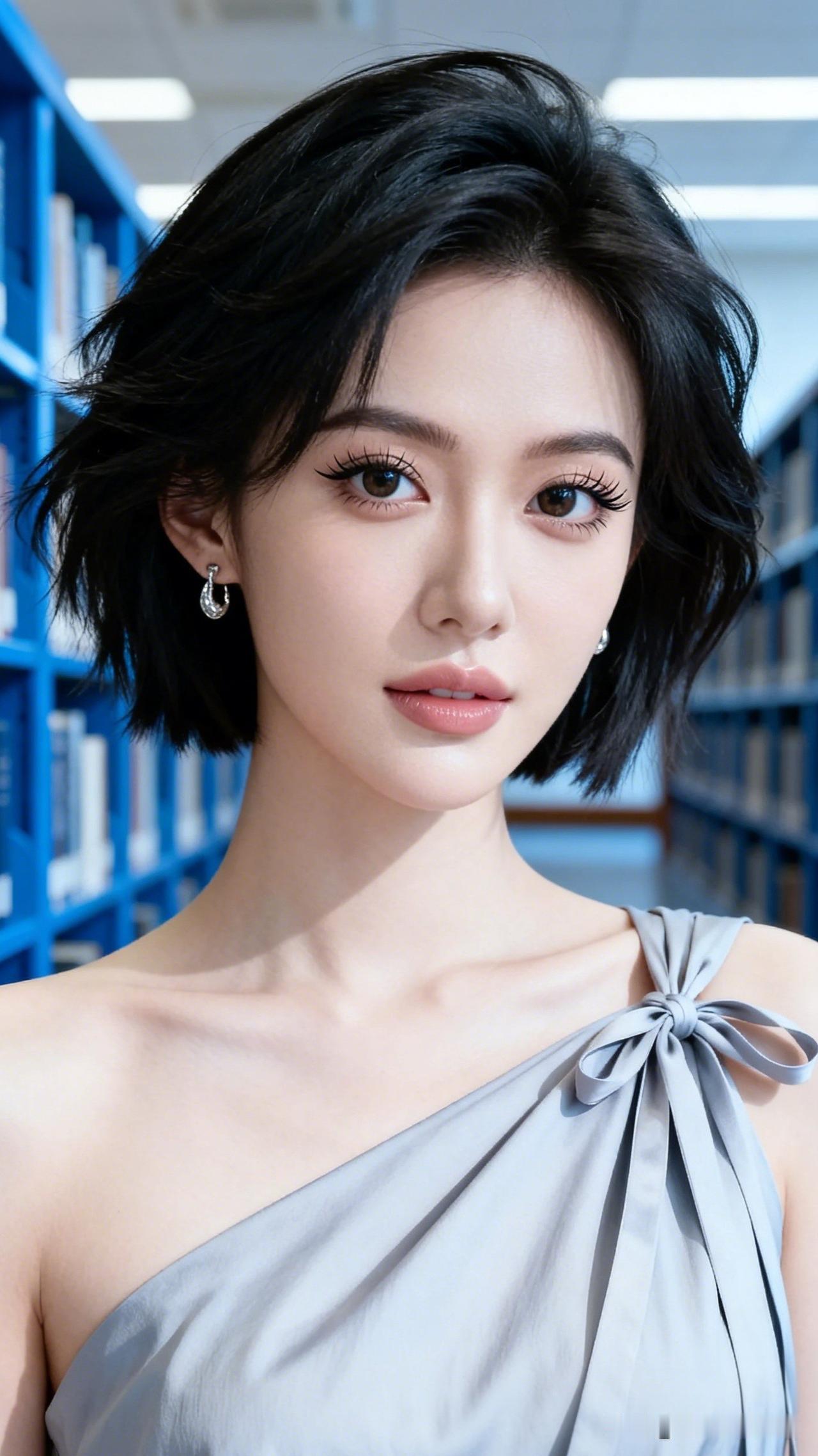 图书馆里的温柔时光，黑发女孩的清新优雅