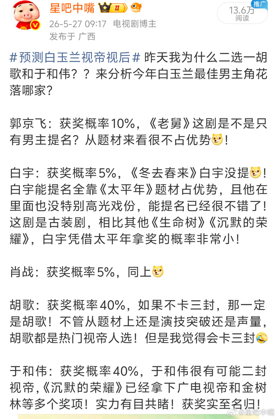 白玉兰获奖名单提名出来当天本嘴预测的四个演技奖全中！附上图二图三分析视帝视后二选