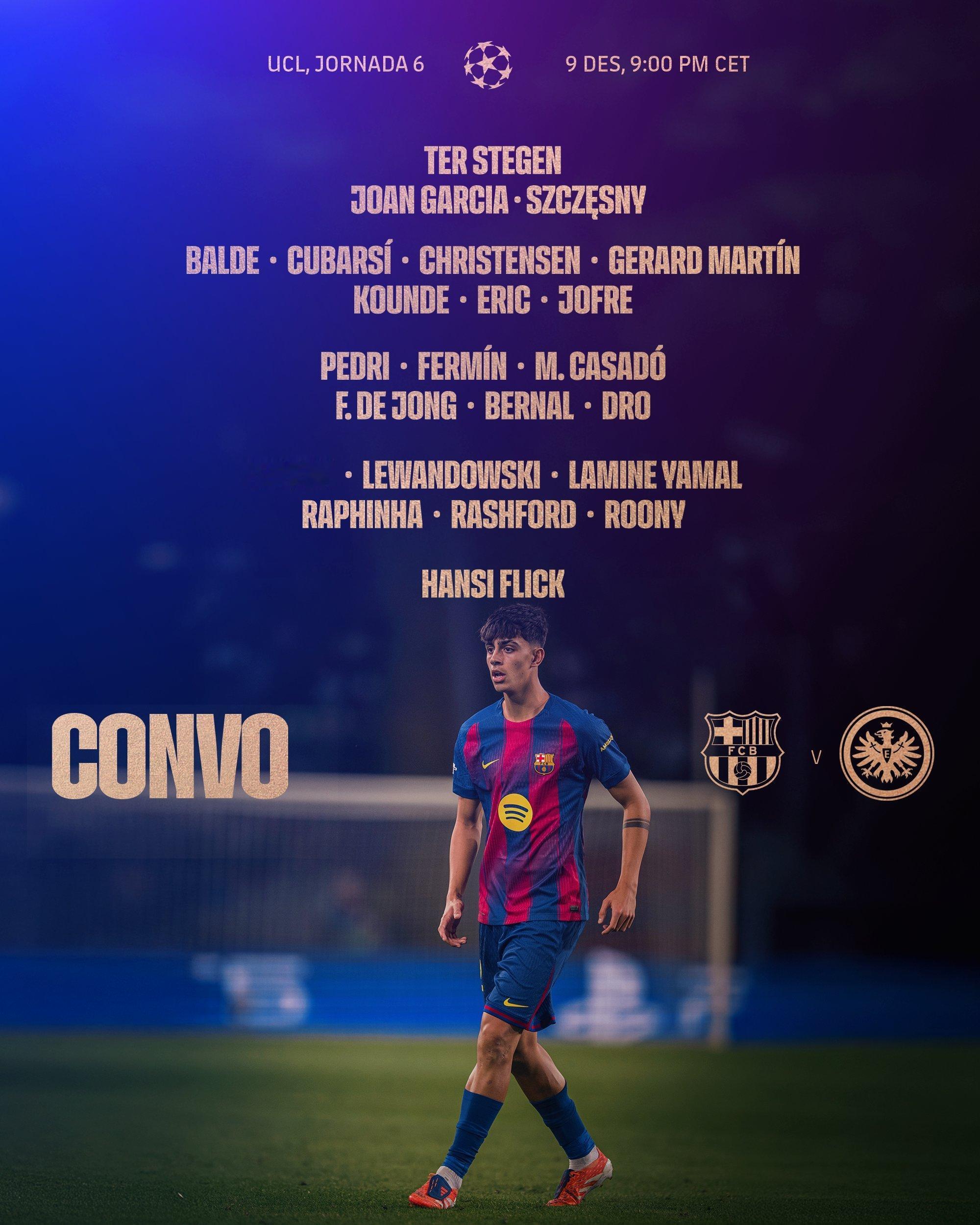 巴萨对阵法兰克福大名单，特尔施特根复出🔥🔥🔥🔥🔥🔥🔥🔥🔥🔥?