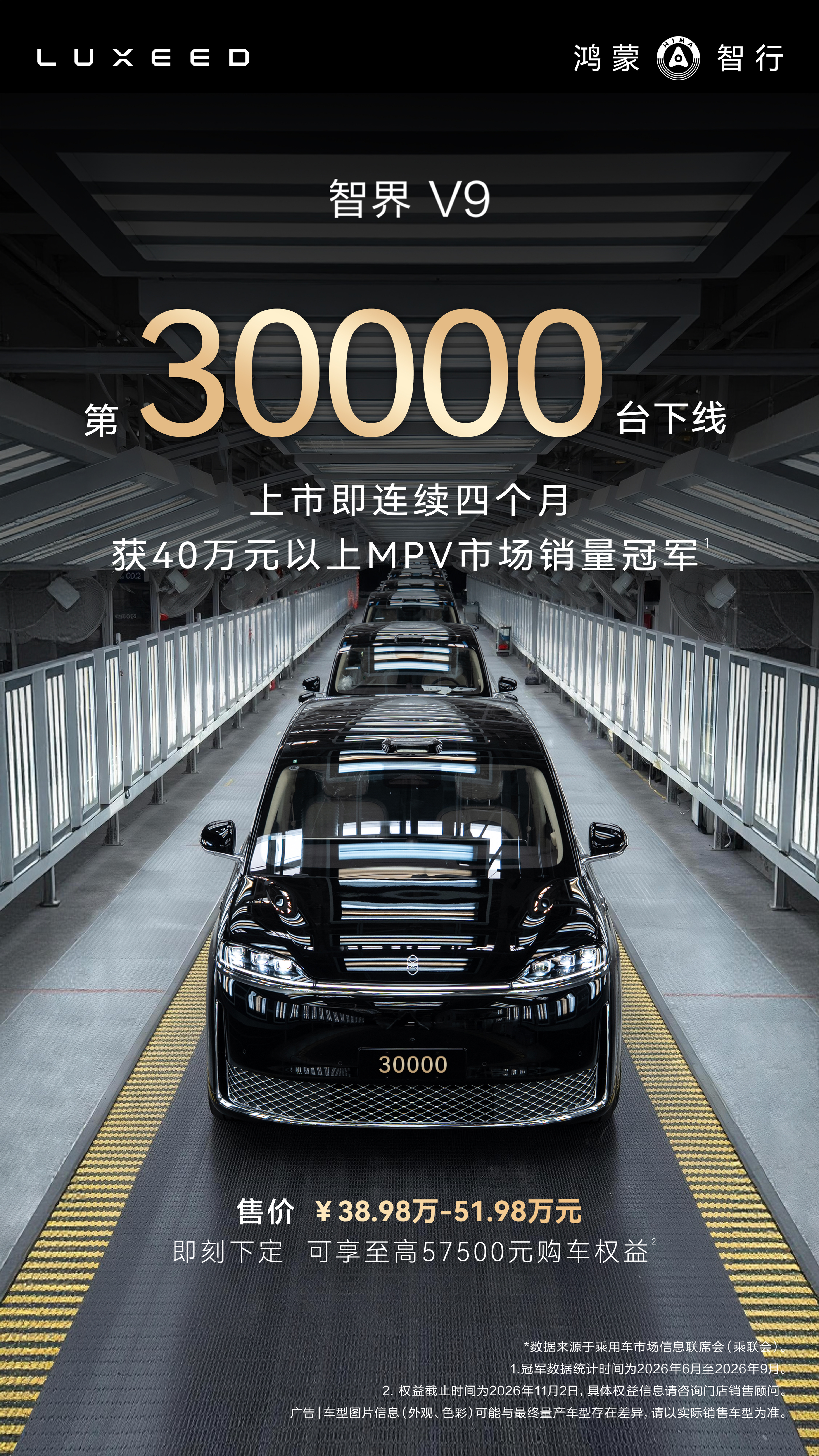 智界V9第30000台下线 近日，鸿蒙智行旗下首款旗舰MPV智界V9第30000