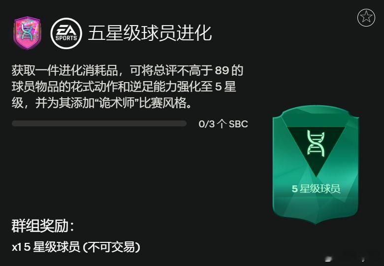 五星球员进化SBC已经推出。需要两套86+一套87阵容。完成可以获得进化物品：5