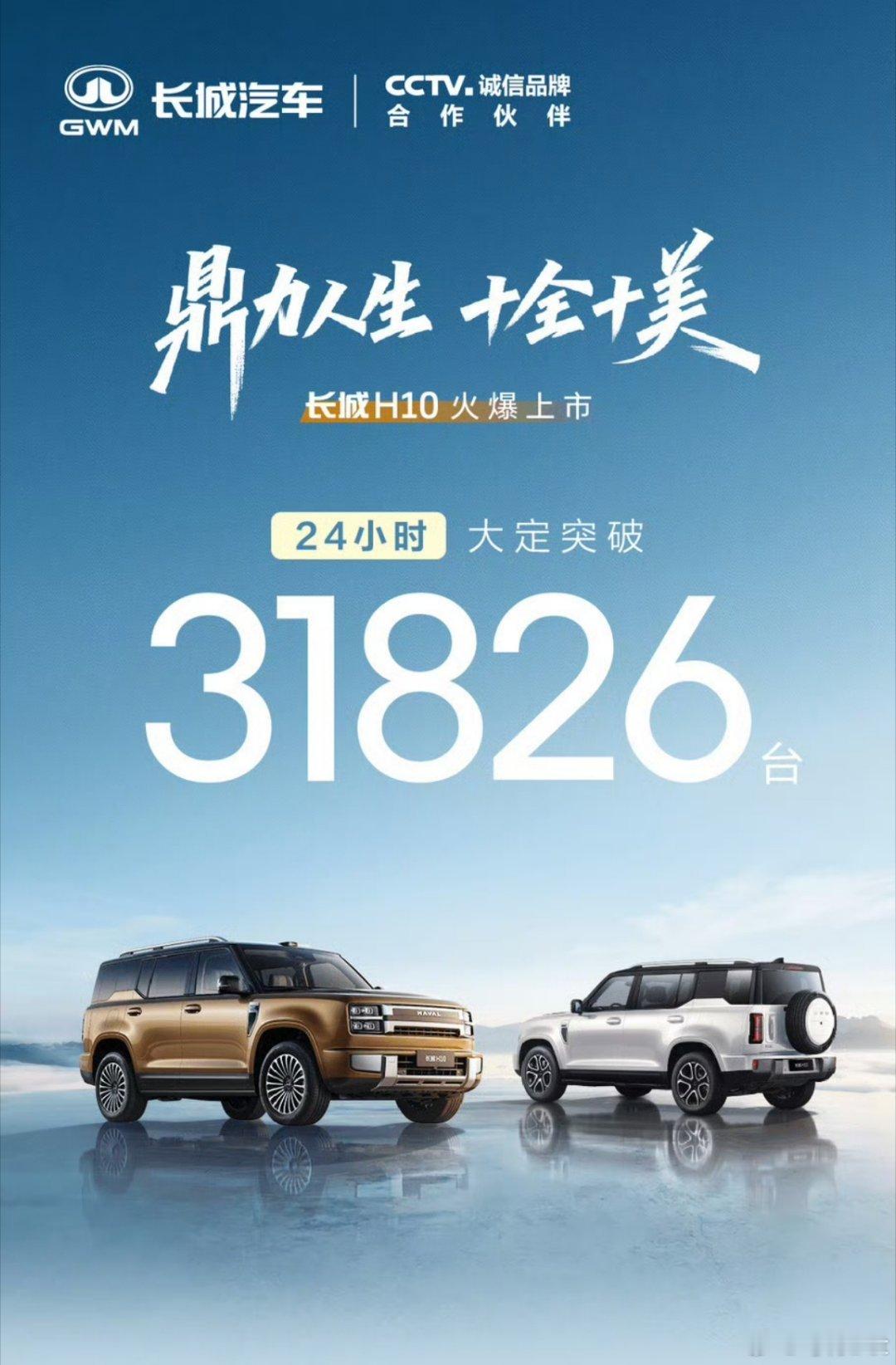 长城H10 24小时大定超过31826台，产品定义的确好，有这个成绩不意外。新能