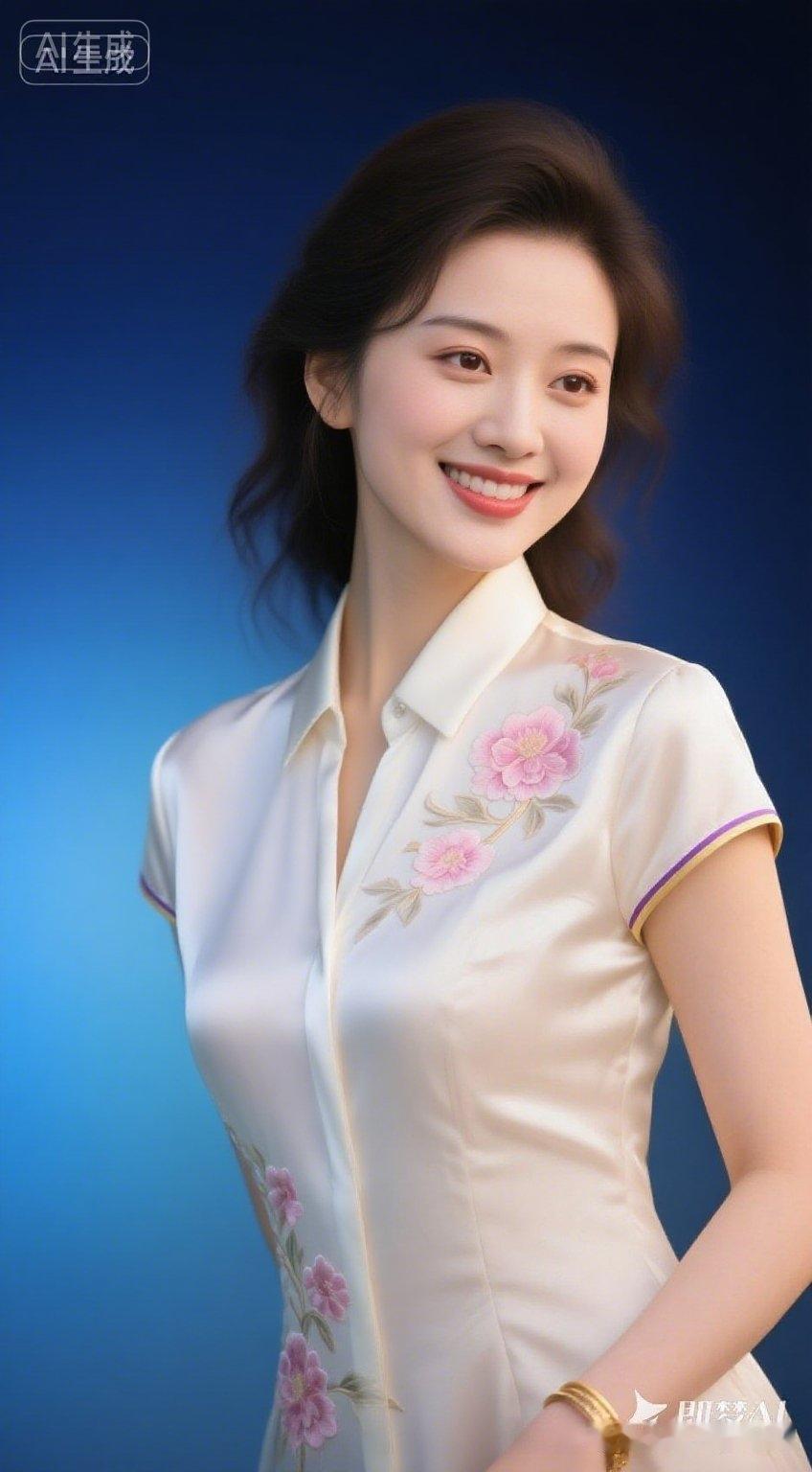 温婉佳人
蓝底柔光映丽颜，缎衣绣朵韵天然。
笑盈暖意春风荡，发挽轻云气质闲。
粉