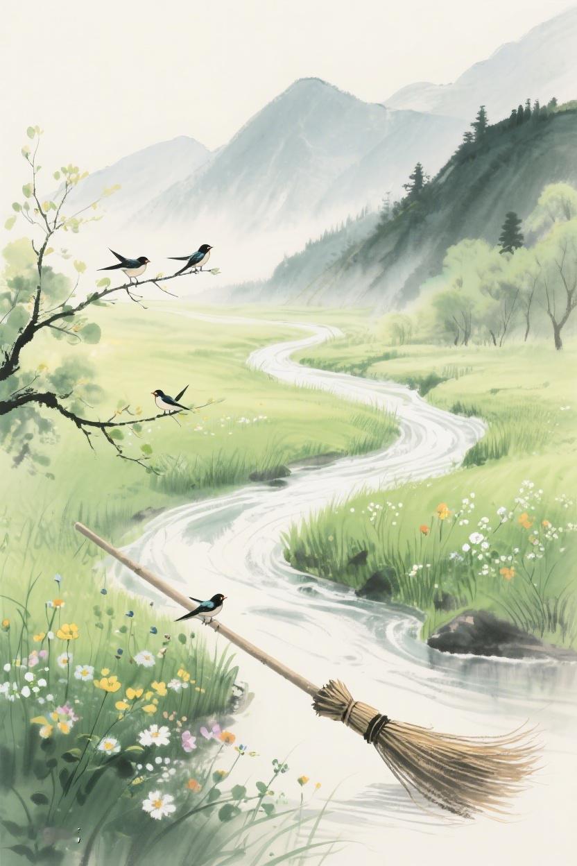 AI随心绘蜿蜒溪流穿梭于繁花与青山间，似时光流淌，静享这自然之韵，心亦悠然