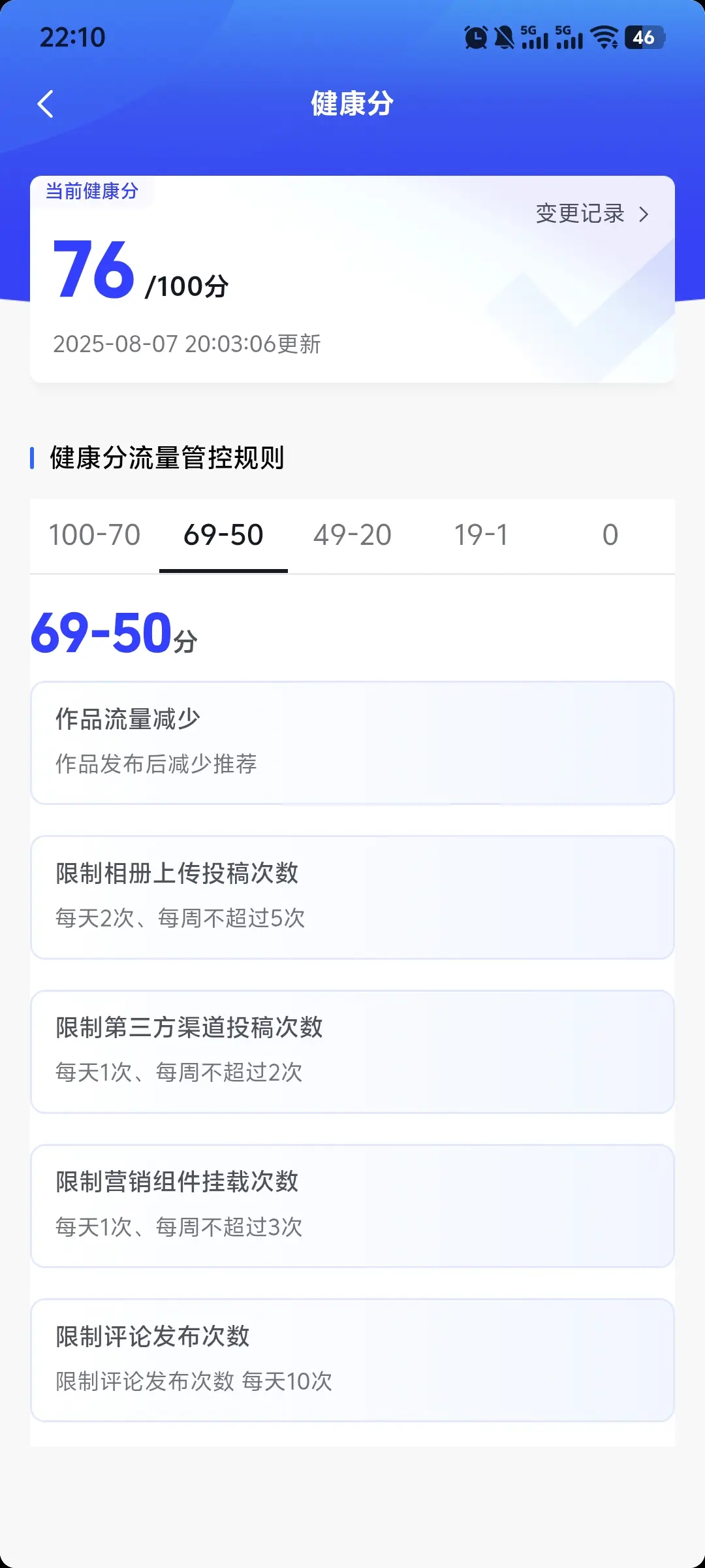怎么办到70分以下就发不了了。今天发的应该陆续还会扣，明天就低于70分了