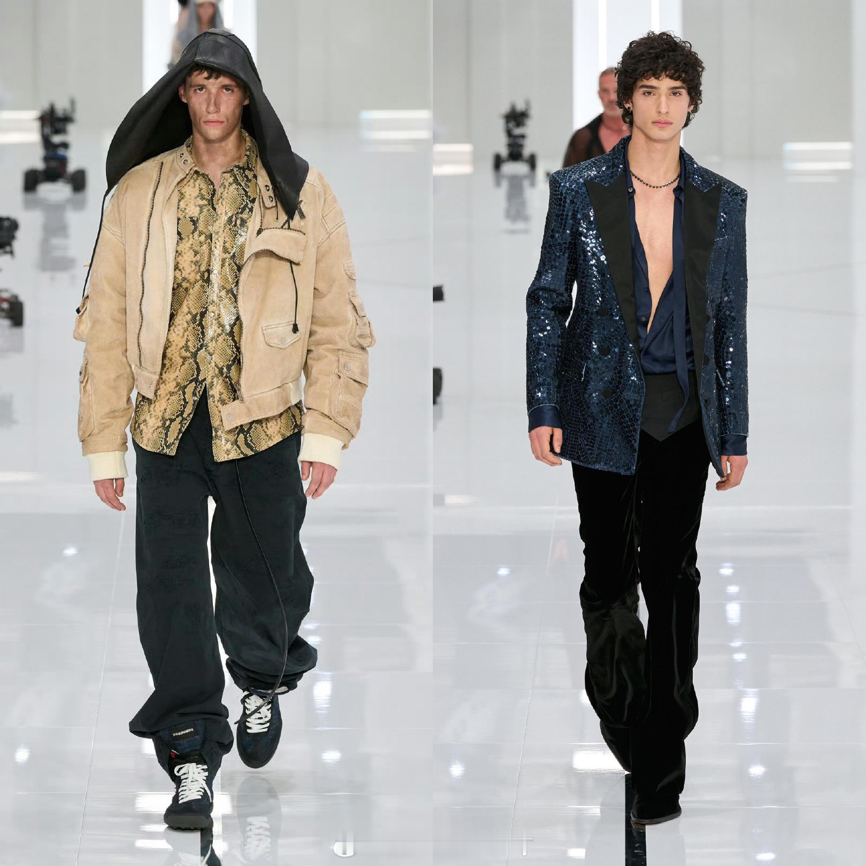 • Dsquared2 F/W 2024亮片夹克、薄纱v衫、紧身喇叭裤、夸张毛绒