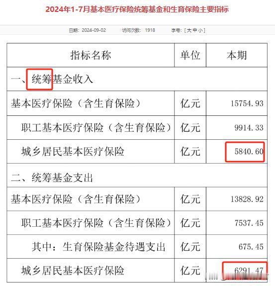 1-7月医保最新数据出炉，居民医保支出大于收入

近日，国家医保局公布《2024