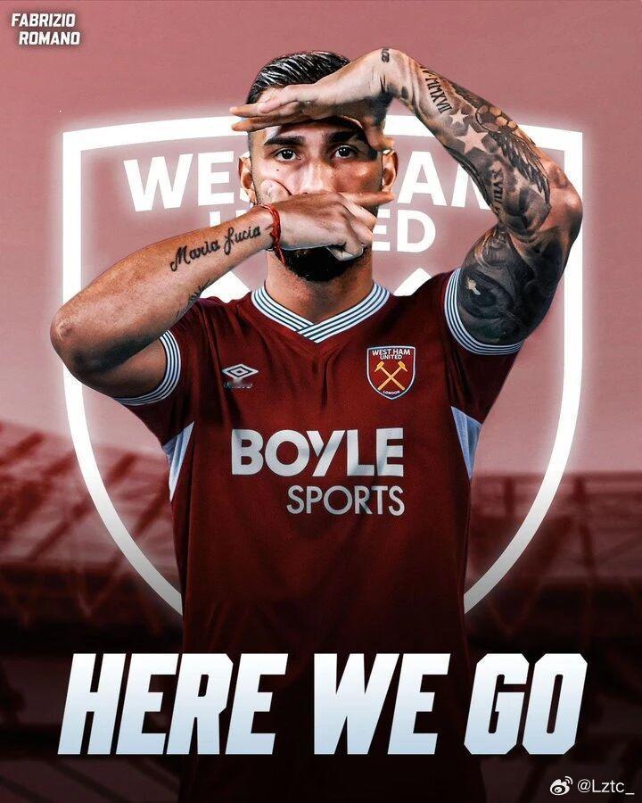 西汉姆2900万欧签下拉齐奥前锋卡斯特拉诺斯转会名记罗马诺以标志性的“Here 