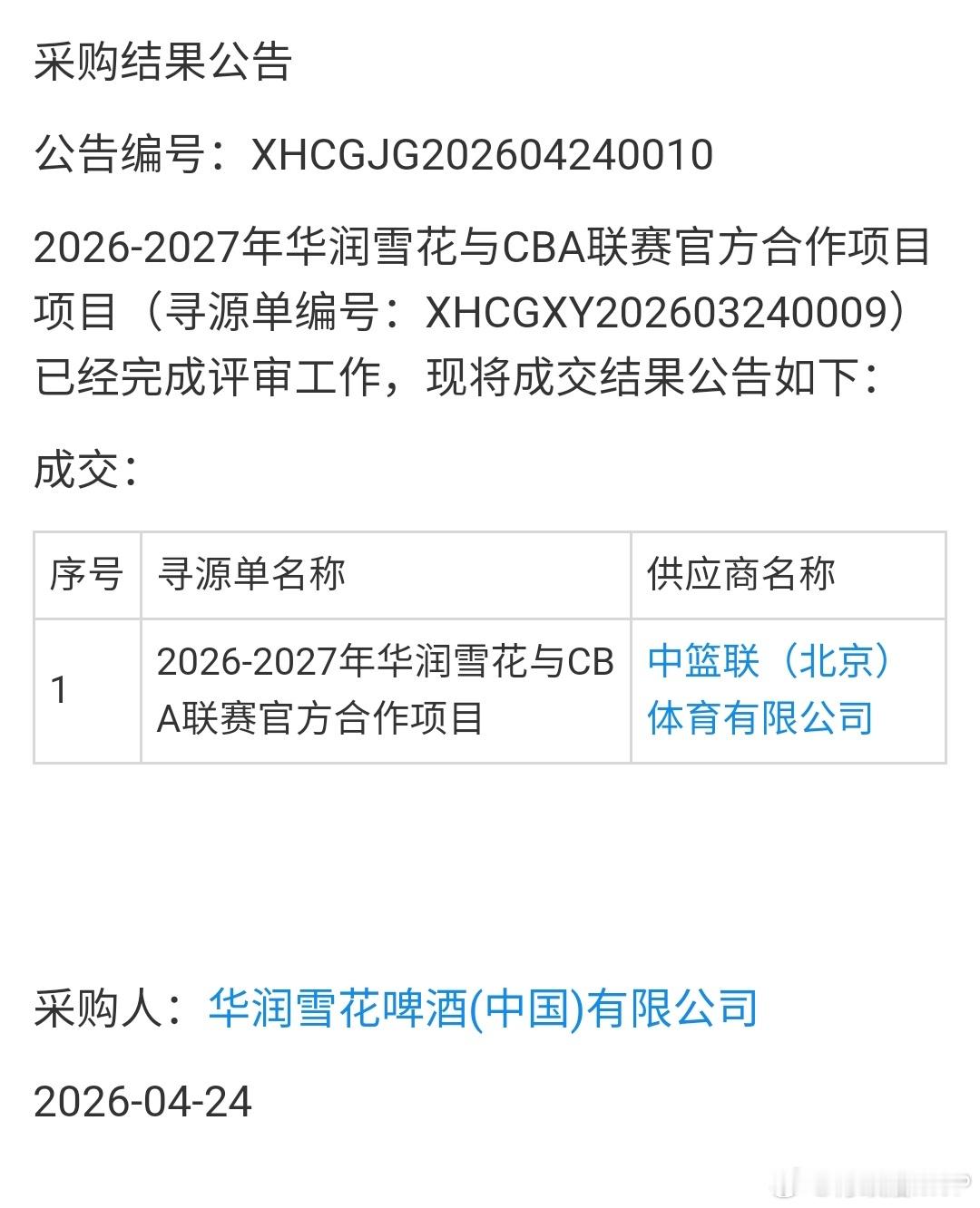 CBA本赛季的季后赛尚未开打，下赛季已确定新增一家赞助商——雪花啤酒。CBA上一