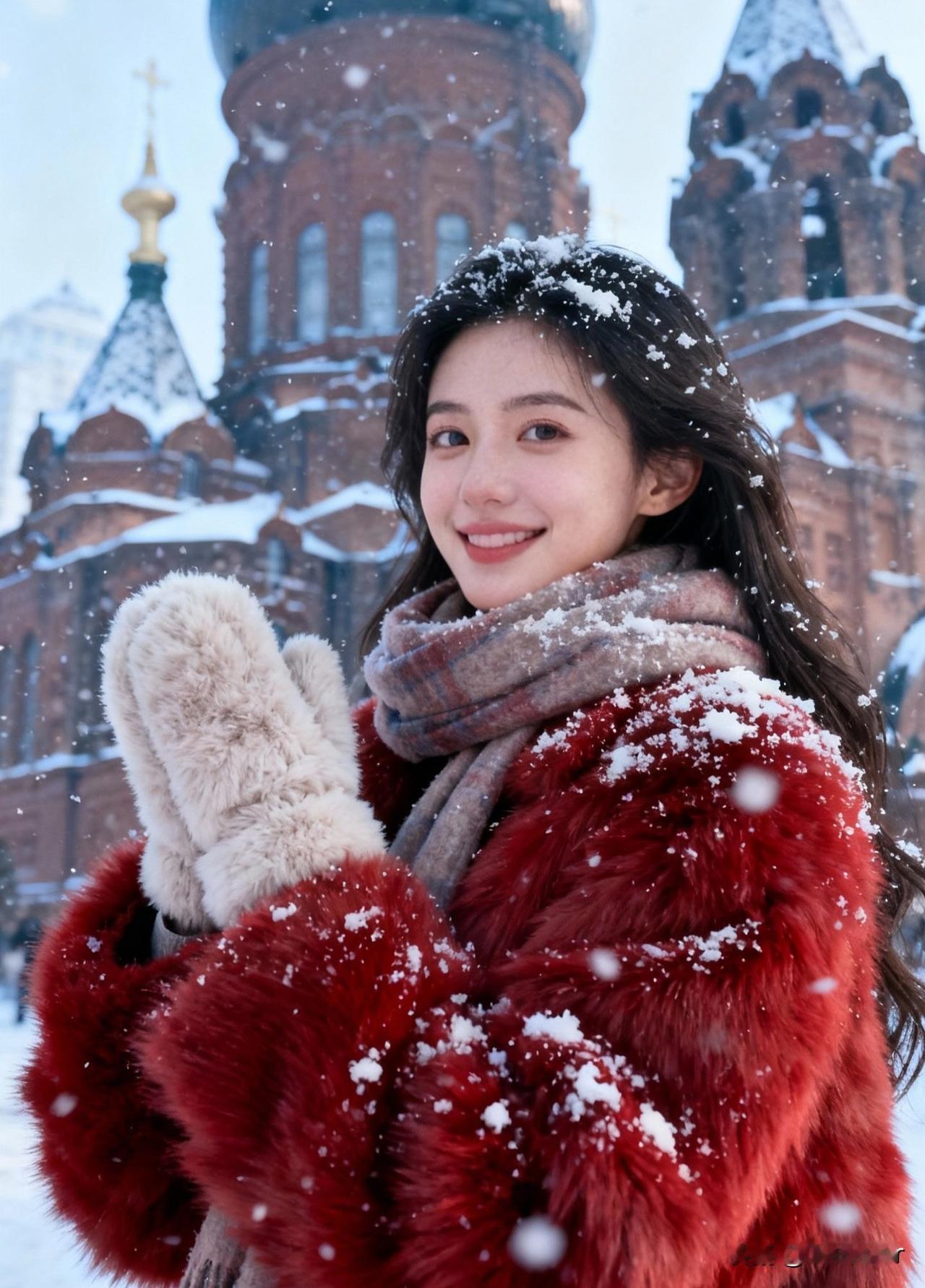 冬日暖阳下，红衣少女与雪景相映成趣