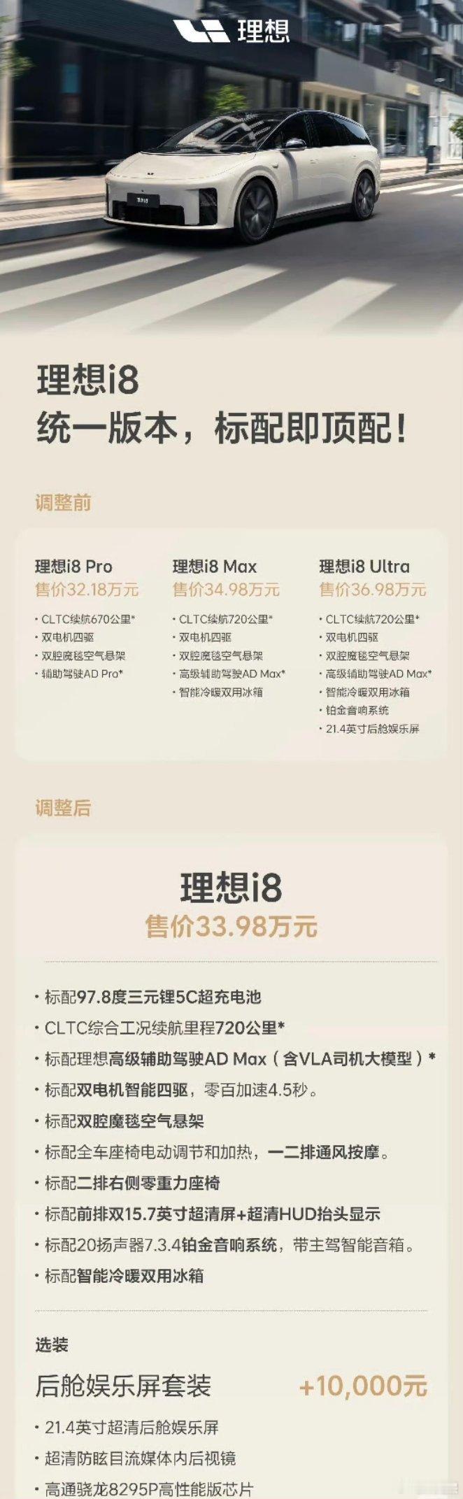 理想i8“听劝版“来了[doge]就在今天，李想发文取消理想i8的Pro、Max