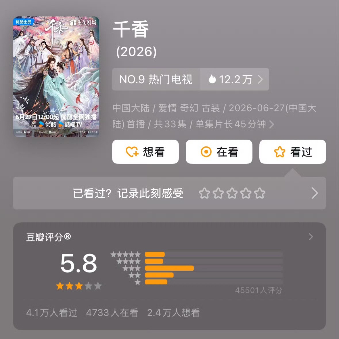 几部在播剧豆瓣开分.灿若繁星 6.8， 6w+评分人数百花杀 6.1分，2.5w