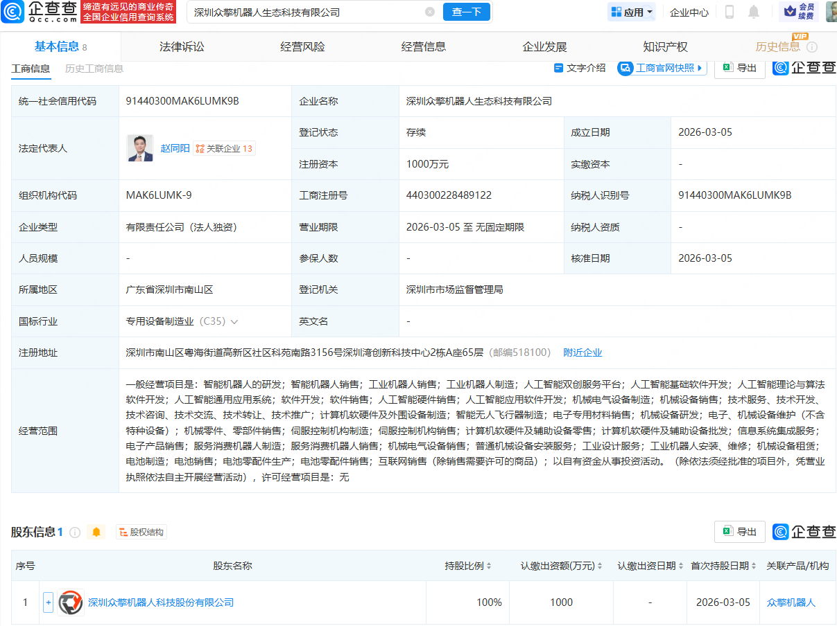 众擎机器人投资成立生态科技公司