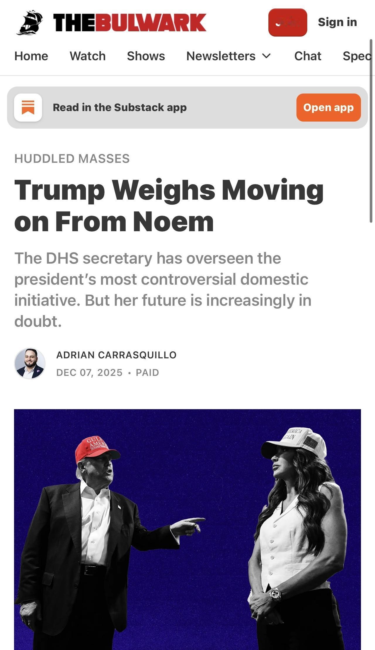 据《堡垒报》（The Bulwark）报道，唐纳德·特朗普正在考虑撤换国土安全部