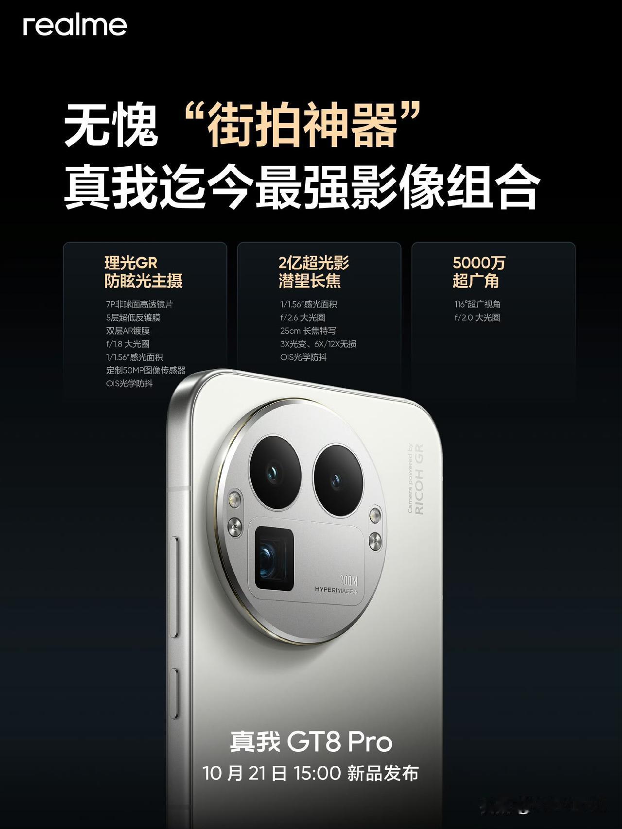 真我 GT8 Pro 影像配置，很少见主摄和长焦传感器尺寸一样的手机（当然像素数