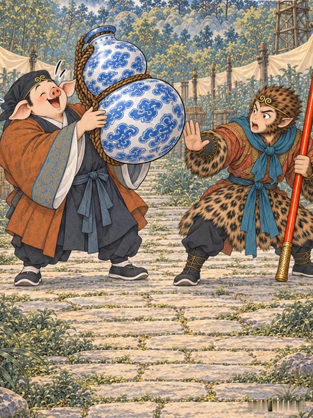 八戒：猴哥，你瞧我把师父的宝贝葫芦给顺出来了，咱俩找个地方把它卖了换酒喝，到时候