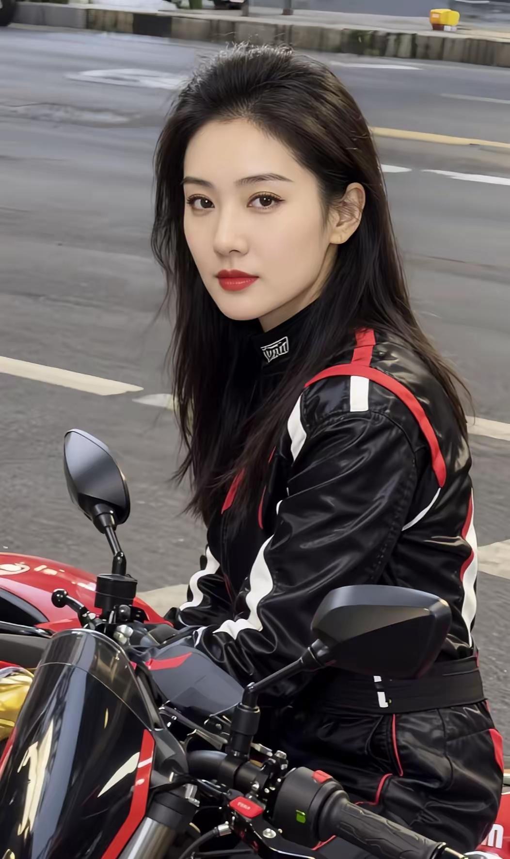 酷炫机车女孩，红唇黑衣，帅气骑行！