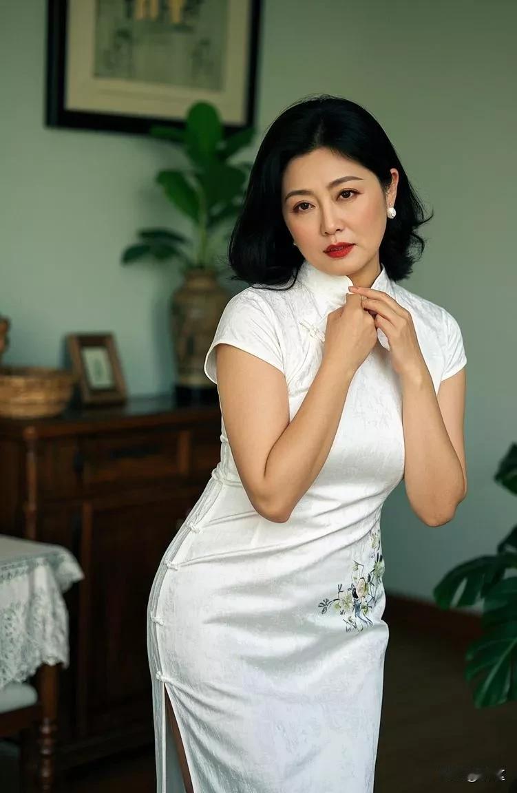 《旗袍佳人》
 
佳人一袭旗袍装，
玉手轻抬韵味长。
白缎绣花香暗吐，
开衩微露