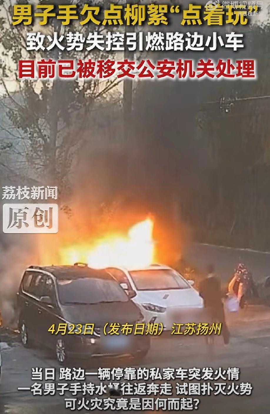 这不是一般的手欠，而是实在给自己找事！江苏扬州一男子无聊，在路边用打火机引燃了柳