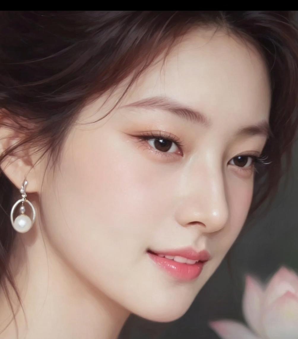 温柔甜美的少女，粉嫩的妆容和优雅的珍珠耳环，宛如一朵盛开的莲花。