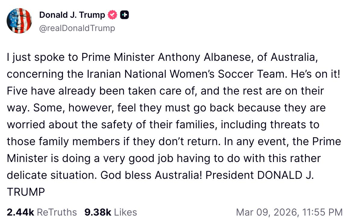 特朗普：我刚刚与澳大利亚总理安东尼·阿尔巴尼斯就伊朗国家女子足球队的问题进行了交
