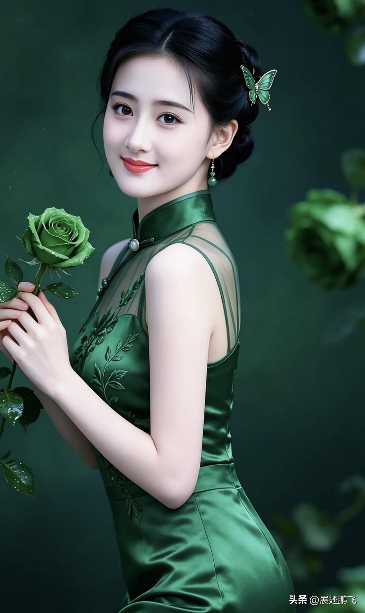 绿衣美人，手捧玫瑰，宛若仙子。绿裙美人 玫瑰红装美女 玫瑰红裙少女 玫瑰红装美女