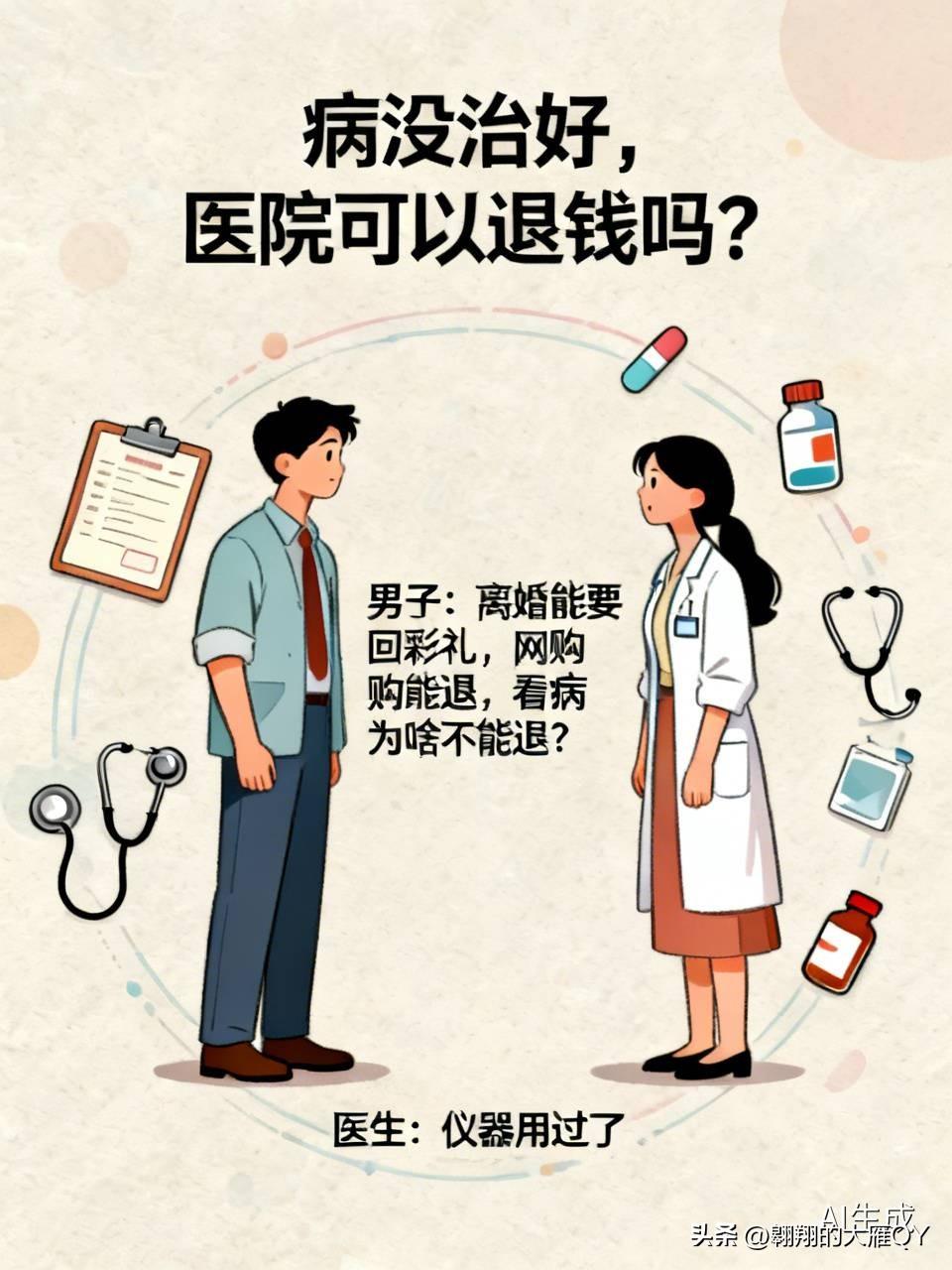 病没治好，医院能退钱不？
有个男子跟医生打趣道：“要是我和我老婆离婚，能把彩礼要