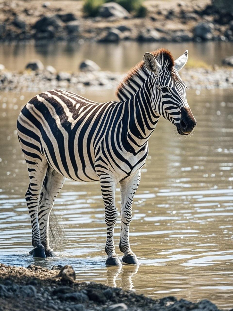 【夏天非常热，斑马去河边喝水，正好看见河马在河里玩，斑马就想它能玩为什么我不能玩