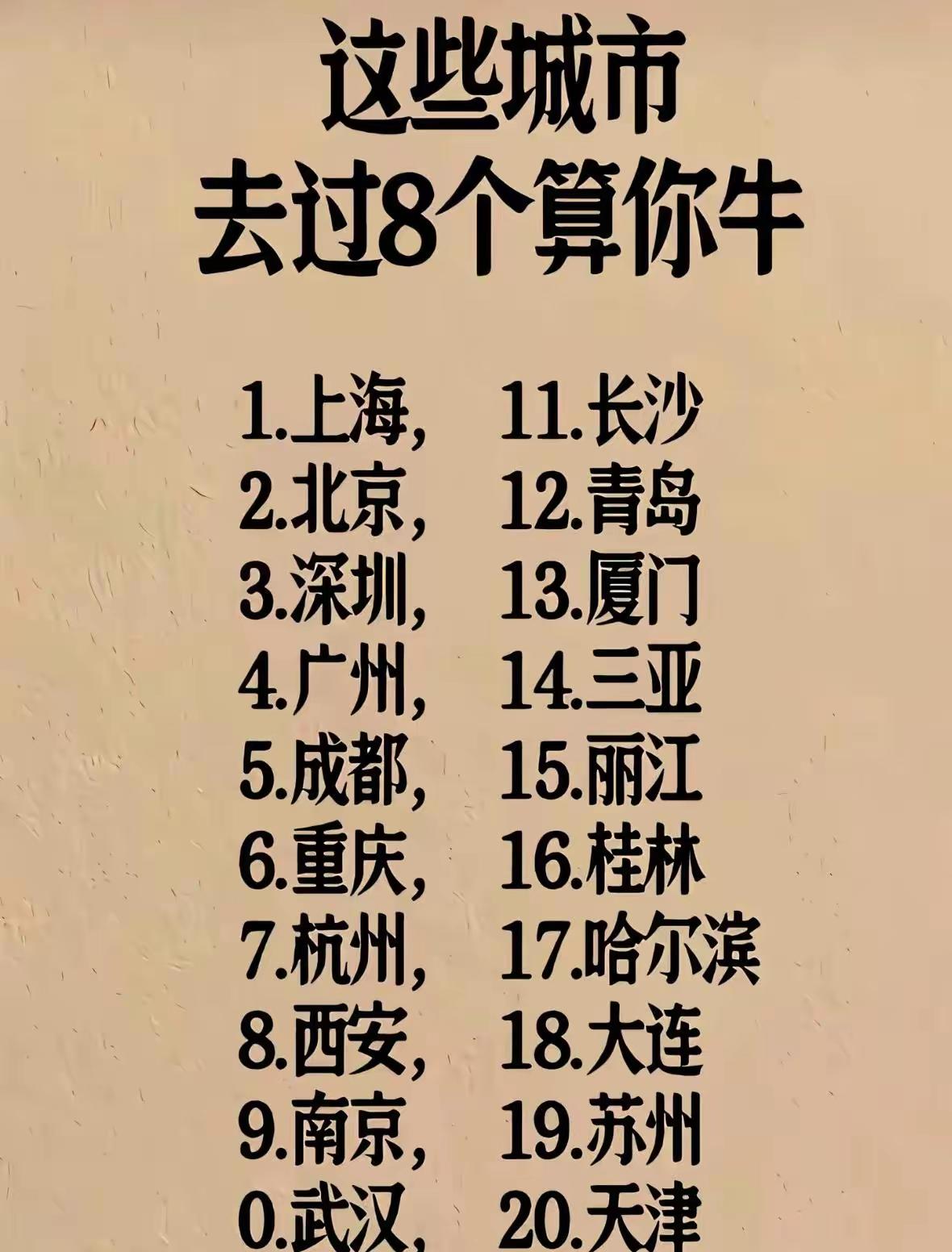 细数一下，20个城市，我去过一大半，甚至在上海杭州三亚工作生活了好几年，也没觉得