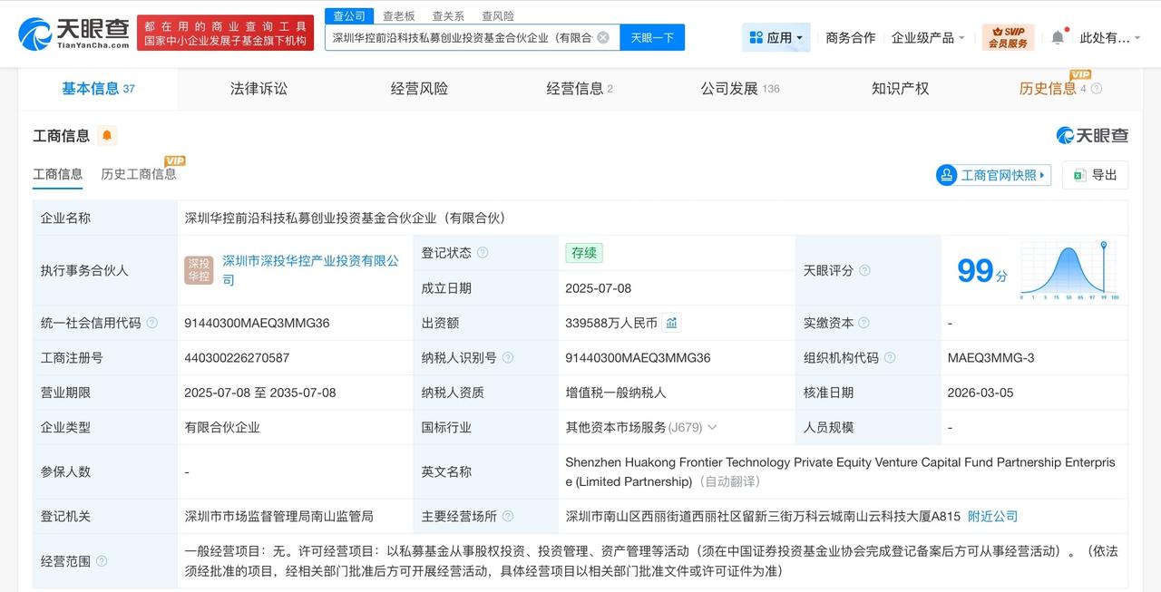 深圳华控前沿科技私募基金增资至34亿 增幅约69%
天眼查工商信息显示，近日，深