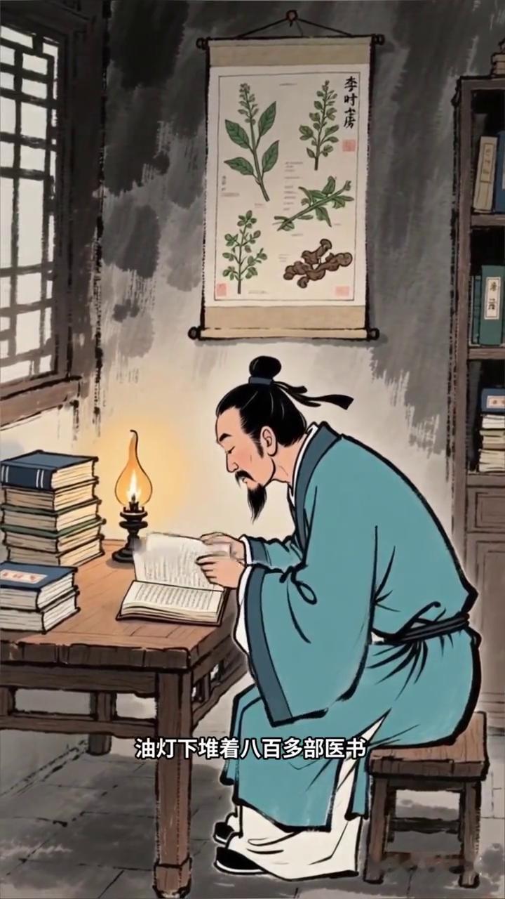 在蕲州的山林里，李时珍背着药篓拨开荆棘，衣袖被晨露打湿。他蹲下来轻抚一株草药，仔