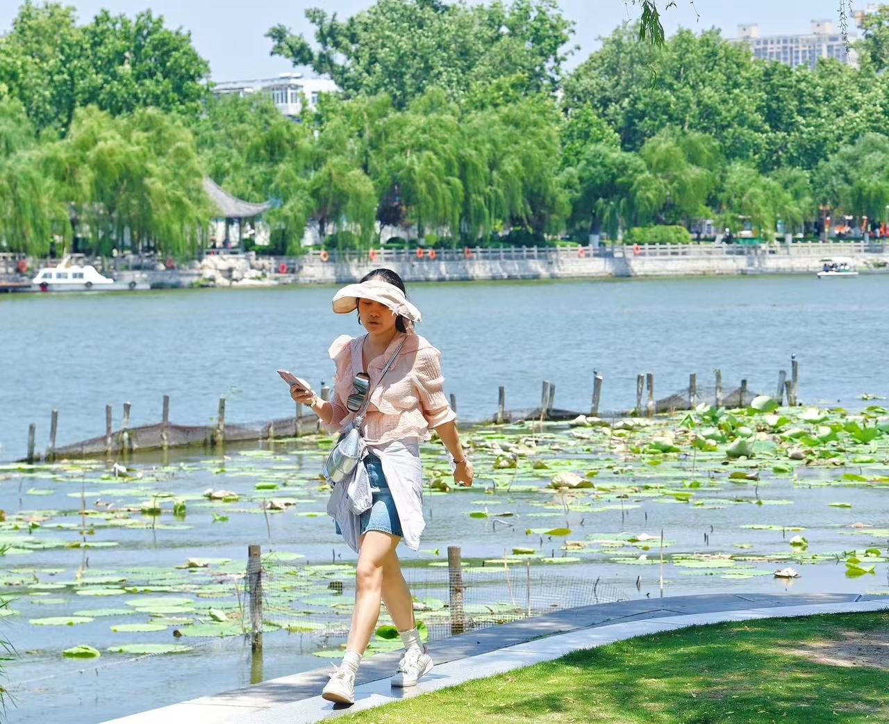 6月2日，济南持续开启晴热高温模式，大明湖凭借灵动湖水与繁茂绿意，成为泉城热门天